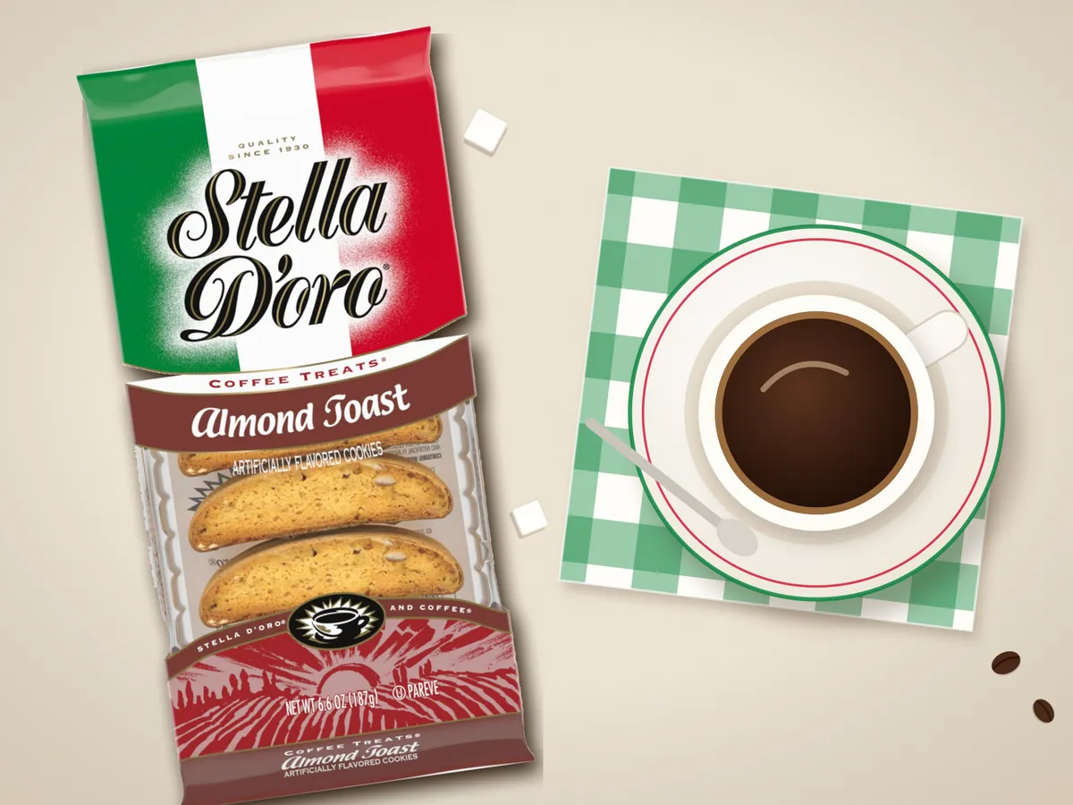 Stella D'oro Almond Toast with a cup of coffee on a green checked napkin