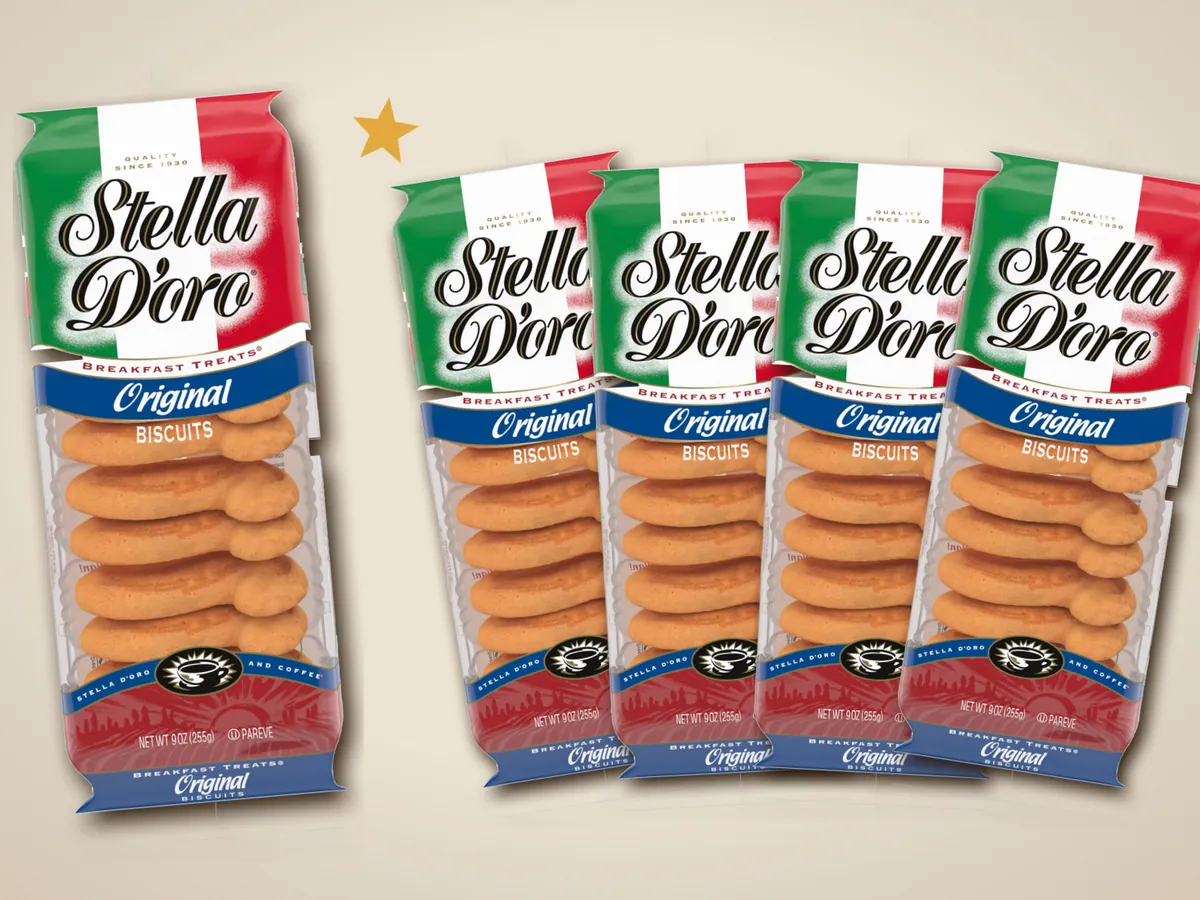 One bag of Stella D'oro Breakfast Treats beside a pack of four