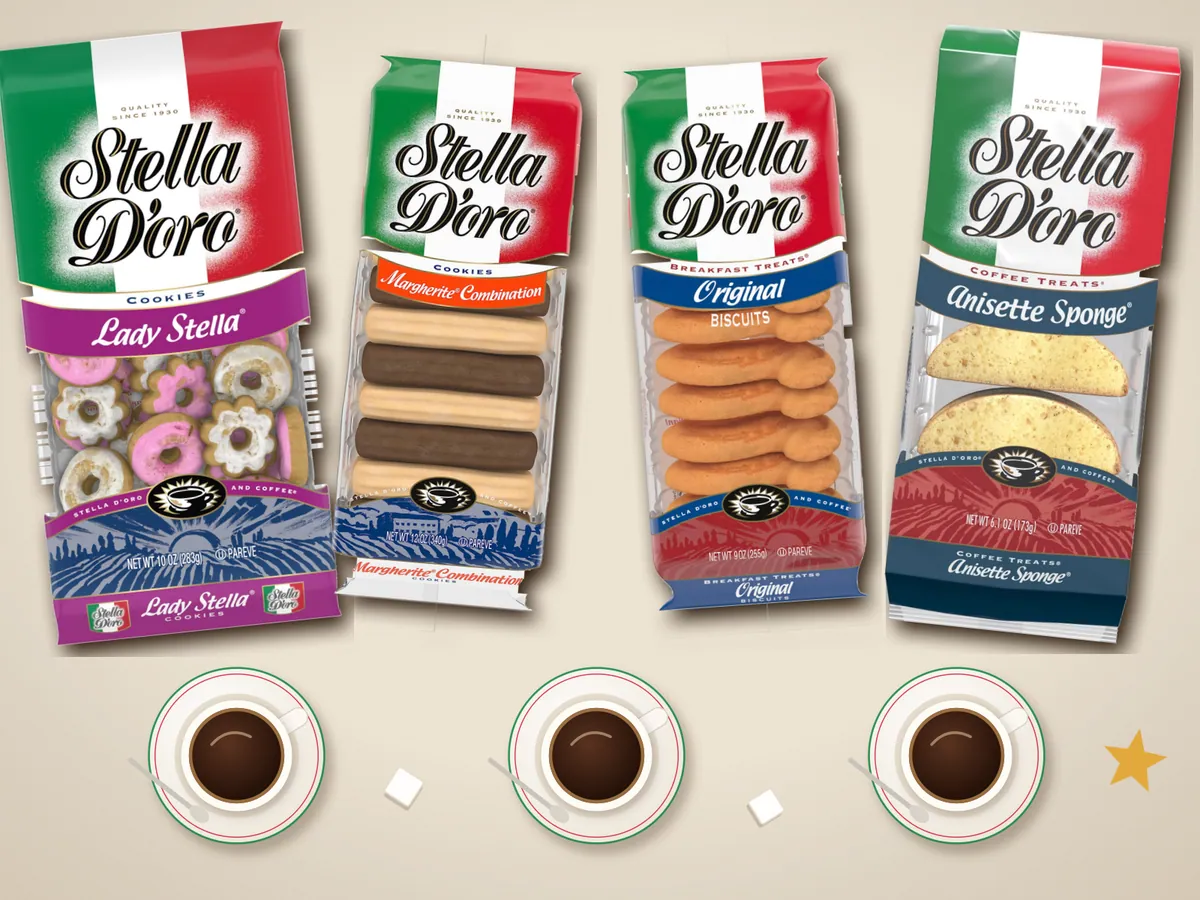Stella D'oro Lady Stella, Margherite, Breakfast Treats and Anisette Sponge set out with three cups of coffee