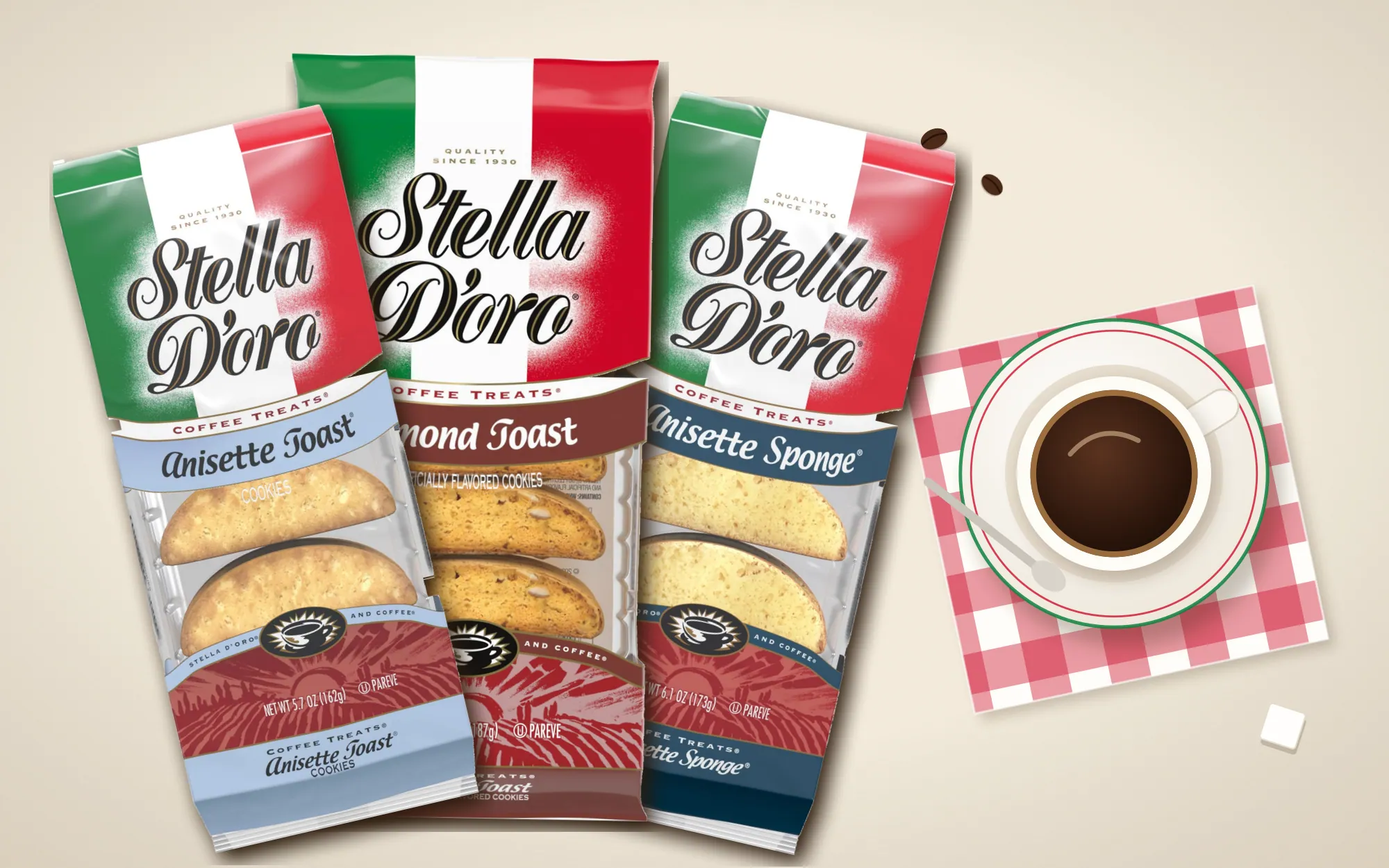 Stella D'oro Anisette Toast, Almond Toast and Anisette Sponge beside a cup of espresso
