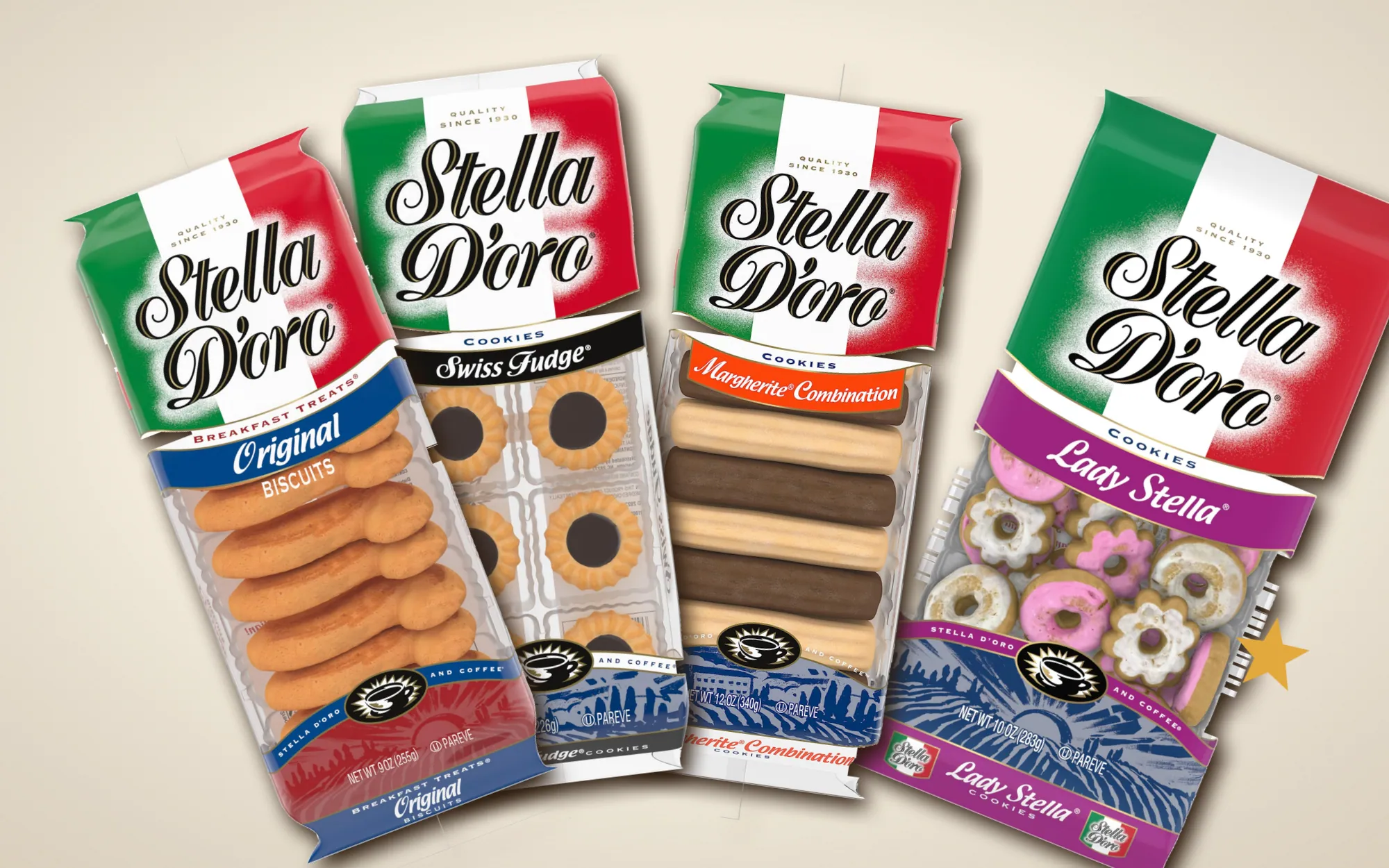 Four Stella D'oro packs fanned out on a linen tablecloth