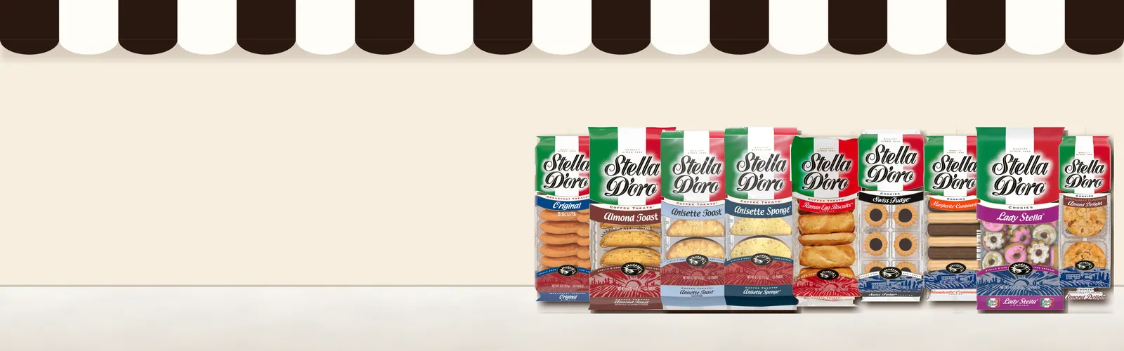 Nine Stella D'oro bags lined up on a café counter under a striped awning