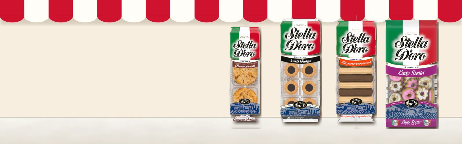Stella D'oro Swiss Fudge, Margherite, Lady Stella and Almond Delight cookies on a café counter