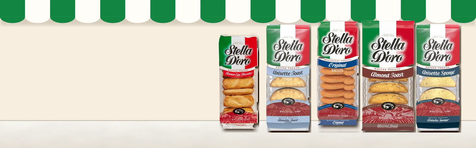 Stella D'oro Breakfast Treats, Almond Toast, Anisette Toast, Anisette Sponge and Roman Egg Biscuits on a café counter