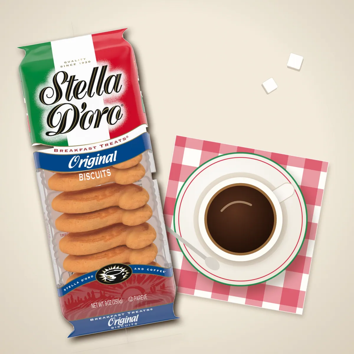 Stella D'oro Breakfast Treats with a morning espresso on a red checked napkin