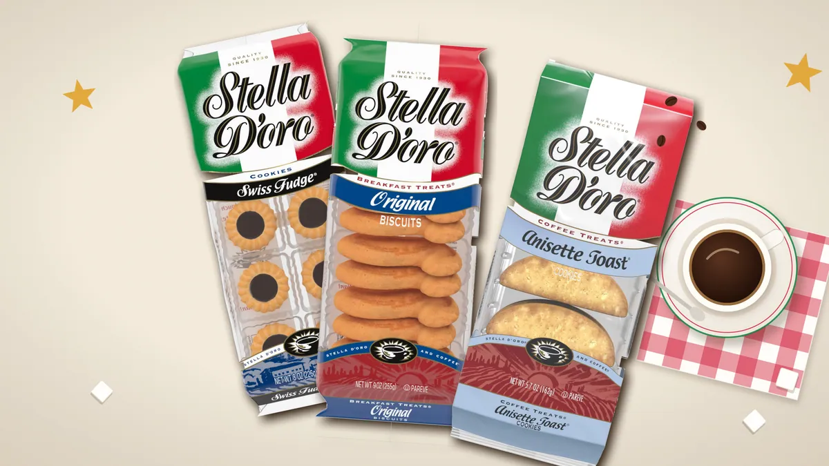 Stella D'oro Breakfast Treats, Swiss Fudge and Anisette Toast laid on a linen tablecloth beside a cup of espresso